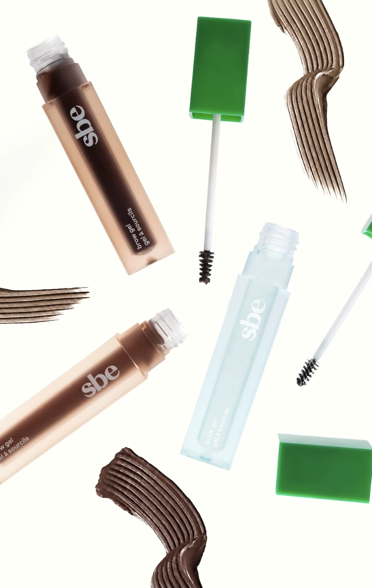 Bubble, Pebble, and Twig brow gels with green caps and rich gel swatches